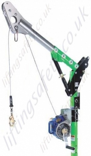 Man riding davit arm system with inertia reel with integrated rescue winch