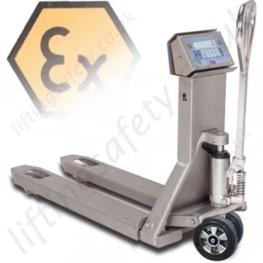 LiftingSafety Stainless Steel Atex Pallet Weighing Truck (ZONE 2, 22 and ZONE 1,22) Forks 550mm x 1182mm. From 500 to 2000kg. (4 Options)