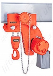 Hadef Premium EH Low Headroom Electric Chain Hoist with Geared Travel Trolley. Range 500kg to 40,000kg