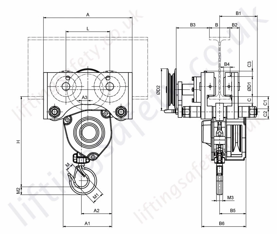 Hadef 21 12 Hr Spur Gear Hoist Push Travel Trolley Dimensions