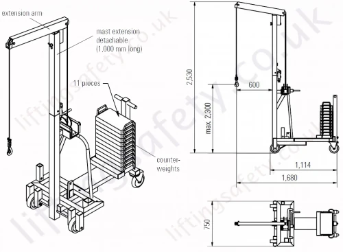 Aluminium Counter Weight Floor Crane With Extension Arm Dimensions