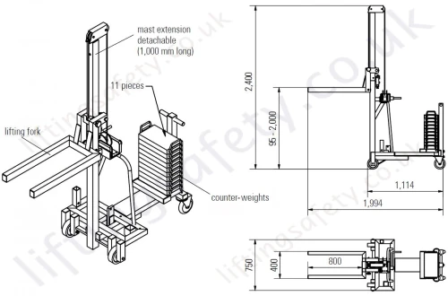 Aluminium Counter Weight Floor Crane With Lifting Forks Dimensions