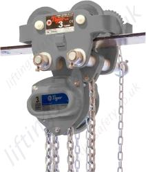 Manual hand chain hoist with built-in/integrated geared travel (chain drive) beam trolley.
