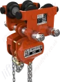 Manual hand chain block with built-in/integrated manual push-pull plain travel beam trolley. Lifting capacity options from 500kg up to 10 tonne.
