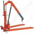 Manual hydraulic workshop crane with foldable legs for storage.